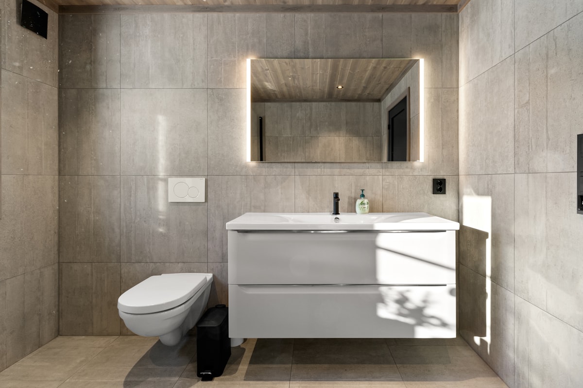 A wall-hung toilet pan with a concealed cistern and dual-flush plate, beside a wall-hung vanity